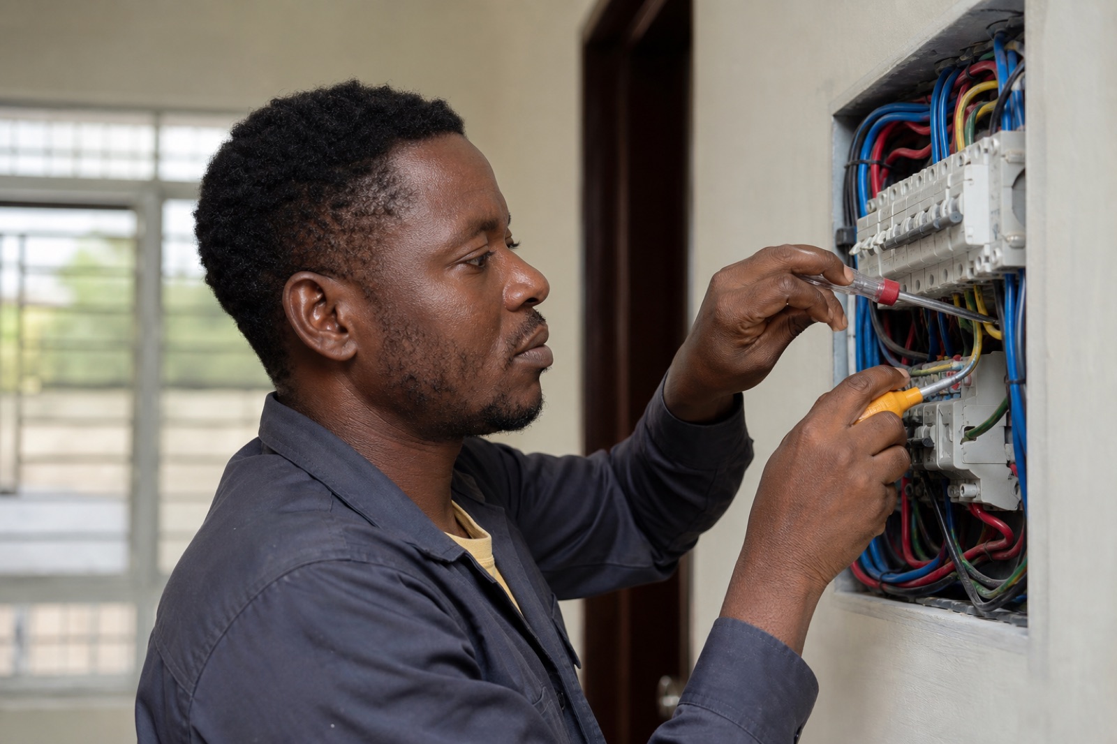 Electrician wiring an electrical panel