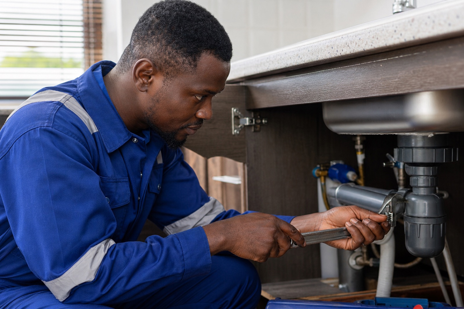 Plumber fixing pipes under a kitchen sink
